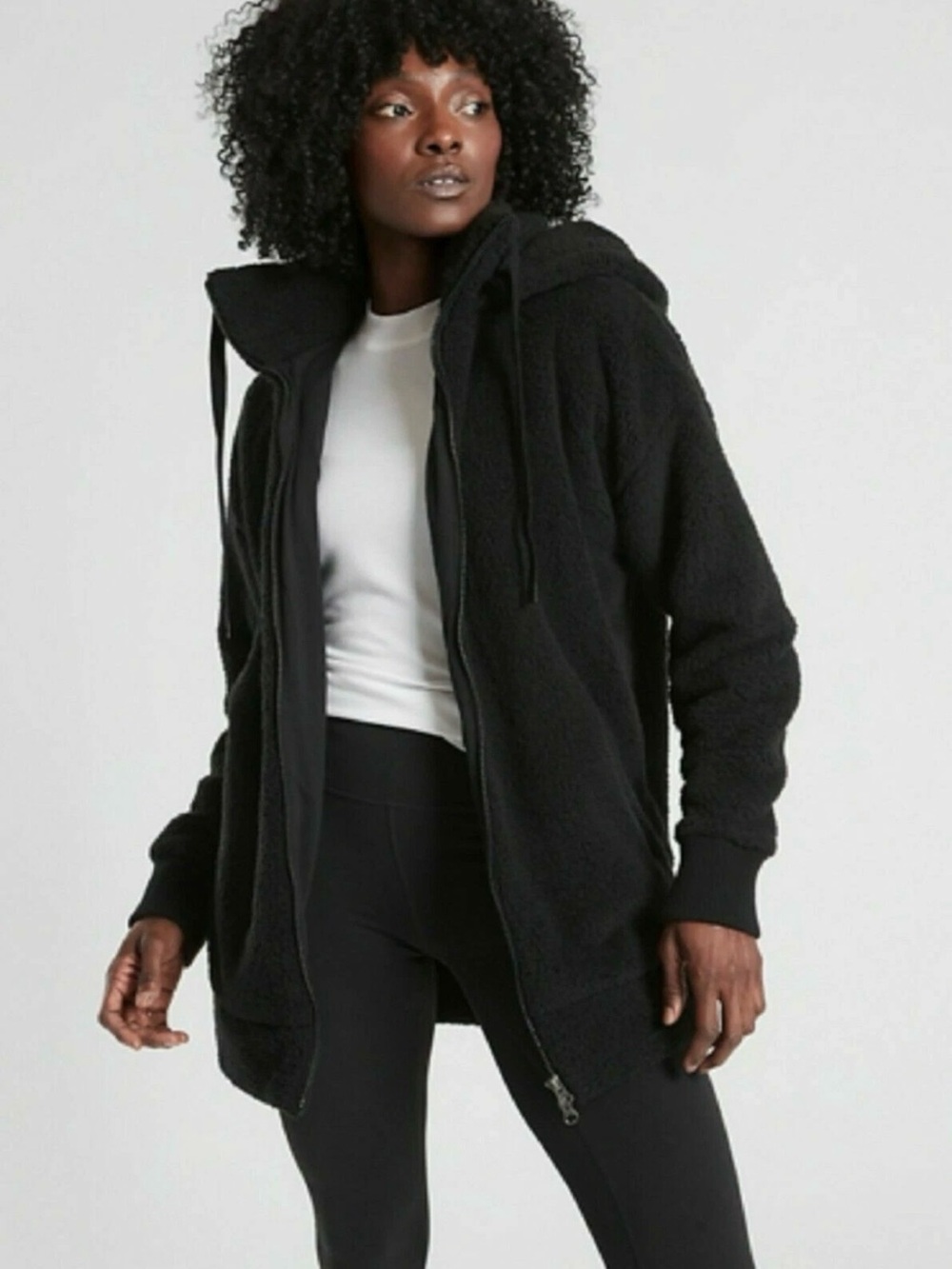 Athleta Tugga Long Sherpa Jacket Black Fleece Hoodie Coat Full Zip Women's XS